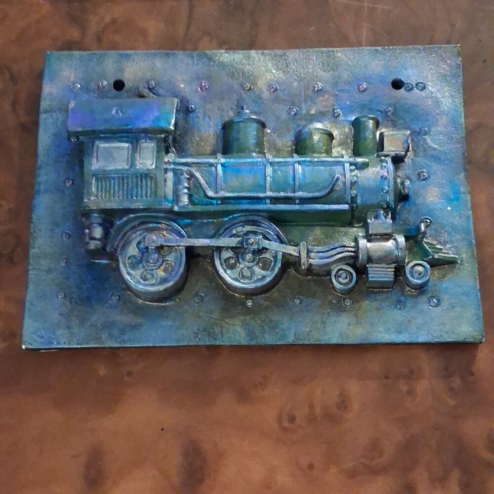 vintage 3d resin steam locomotive train wall plaque decor railroad engine blue